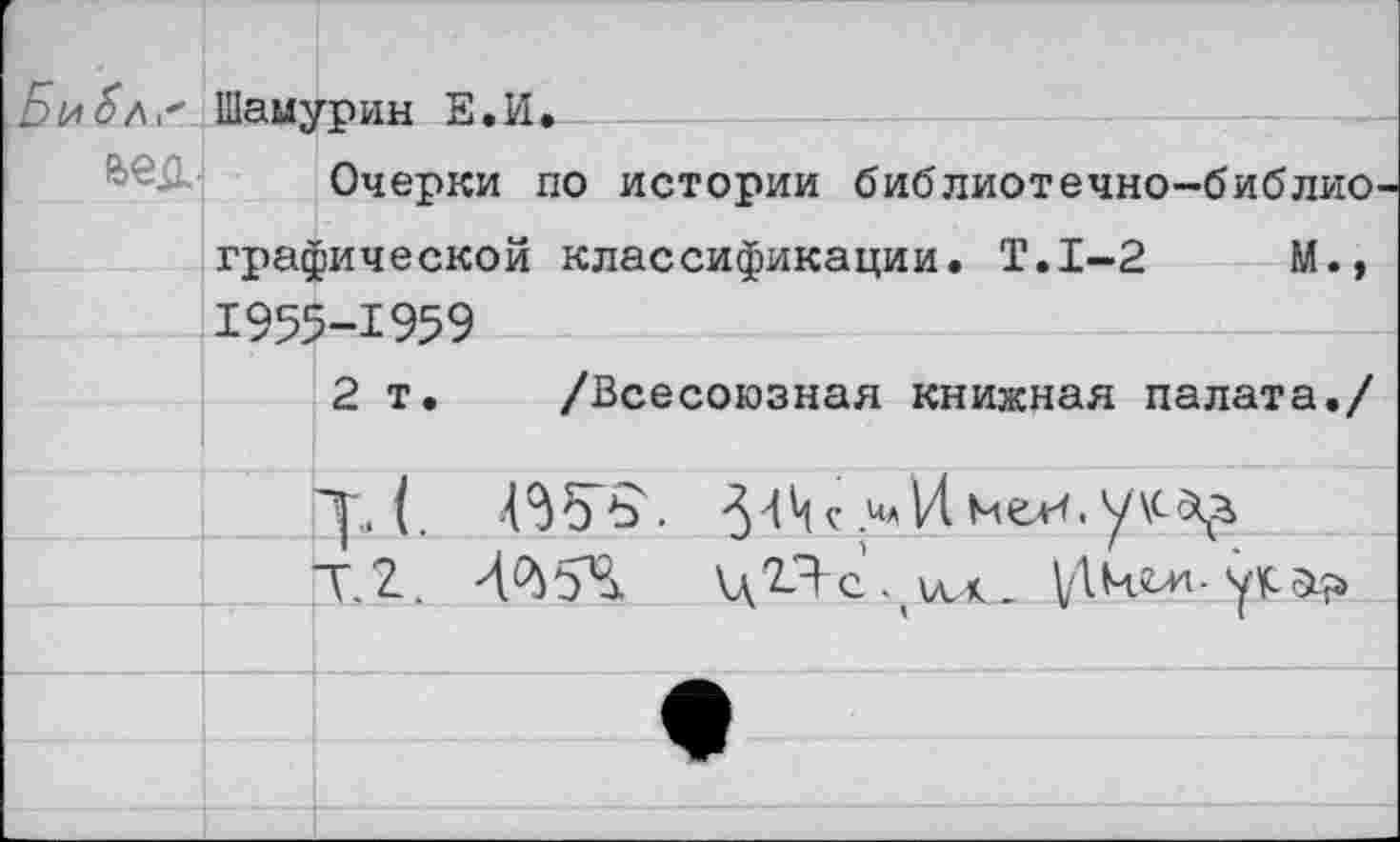 ﻿Г) !Л 0 Л .х	Шамурин Е.И.	
&ед.	Очерки по истории библиотечно-библиографической классификации. Т.1-2	М., 1955-1959	
		2т.	/Всесоюзная книжная палата./
		
		у,. (. 4364?.
п		Т.2. 4^54 \д2Яс. ил.
		
		
		